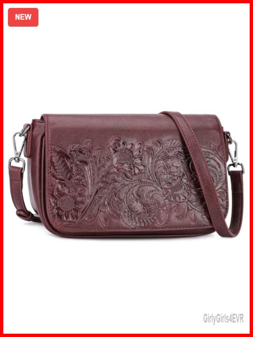 Floral Embossed Vegan Leather Crossbody Bag Adjustable Strap